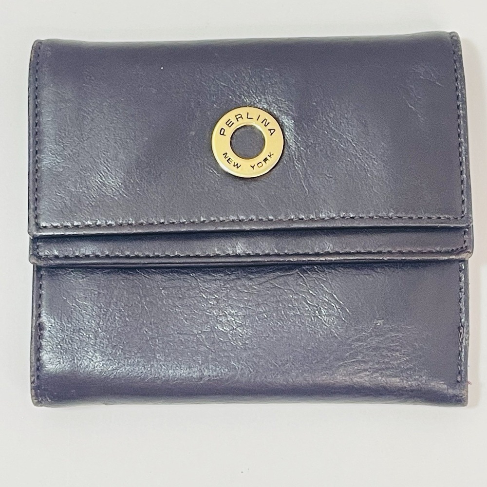 Perlina New York Brown Leather Double Snap Wallet Change Purse Tri-Fold 5" x 4"
